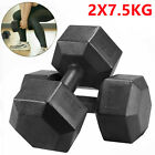 Hex Dumbbells Set 7.5kg Pair Weights Rubber Encased Hexagonal Gym Home UK Stock