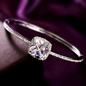 18K White Gold Filled Made With SWAROVSKI Crystal Cushion Cut Side Stones Bangle - Picture 1 of 6