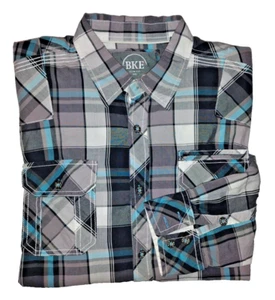 Camisa BKE Slim Fit Para Hombre Abotonada Azul Blanco y Negro Manga Larga a Cuadros Talla XXL - Imagen 1 de 4