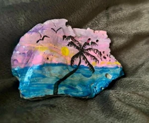 Trinket Ring Dish Decor Oyster SHELL "Ocean Palm Tree" Collectible Hand Painted - Picture 1 of 4