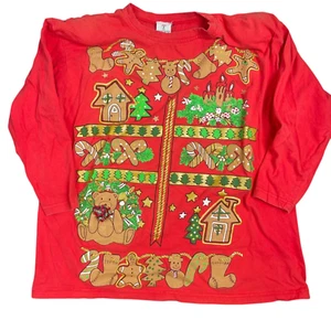 VTG 80s Ugly Christmas L/S T-Shirt Woman L Gingerbread Candles Wreath Teddy Bear - Picture 1 of 5