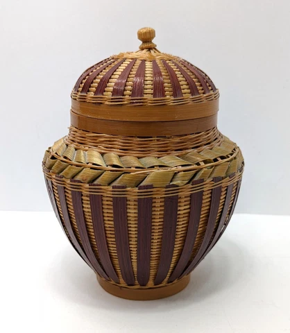 Vintage Wicker Basket Lidded Zhejiang Handicrafts People’s Republic of China Cover