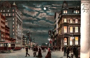 Antique Postcard Night View of Broad and Market Streets Newark NJ Street Car - Picture 1 of 2