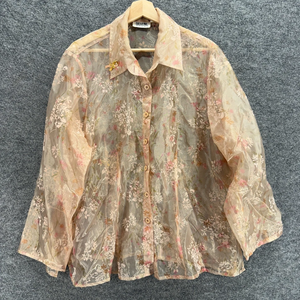 Camisa Selene Mujer 2X Plus Beige Floral Cuello Abotonado Manga Larga Transparente Foto 1 de 4