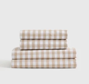 ¡Sábanas y 2 fundas de almohada Quince de algodón orgánico con guinga café percal! Queen (700) - Imagen 1 de 10