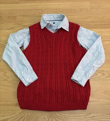 Janie and Jack Boys Cable Knit Red Holiday Sweater Vest & Dress Shirt Size 10 - Image 1 of 4