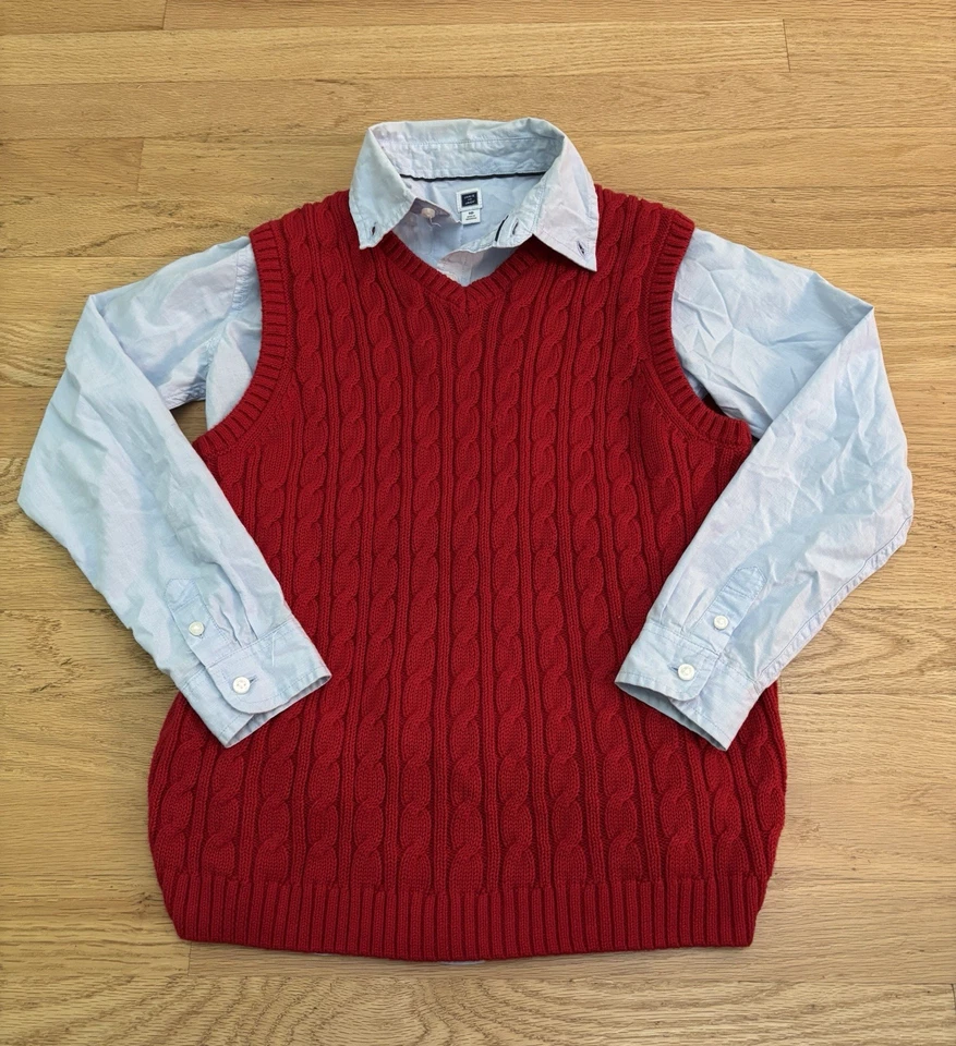 Janie and Jack Boys Cable Knit Red Holiday Sweater Vest & Dress Shirt Size 10 - Image 1 of 4