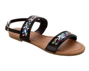 WOMENS BLACK GEM BOHO SUMMER HOLIDAY BEACH FLAT SLINGBACK SANDALS LADIES SIZE - Picture 1 of 4
