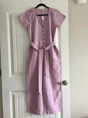 NWT MADEWELL LINEN COTTON BLEND V NECK BELTED SHORT SLEEVE JUMPSUIT SIZE 4 - Image 1 of 4