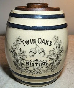 RARE ANTIQUE BARREL SHAPE GLAZED POTTERY CROCK JAR ADV TWIN OAKS MIXTURE TOBACCO - Picture 1 of 12