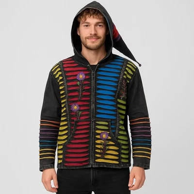 Sudadera con Capucha Boho Arco Iris De Colección, Bordado Hippie, Patchwork, Artística Unisex Talla-M Foto 1 de 4