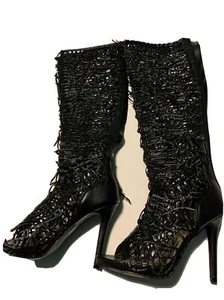 Shi By Journey Tall Open Toe Boot Lace Up Front Zip Back Black Size 7 - Picture 1 of 12