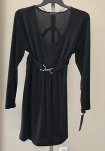 DAISY FUENTES SIZE XL LONG SLEEVE BLACK CREW NECK BELTED SILVER BUCKLE - Picture 1 of 9