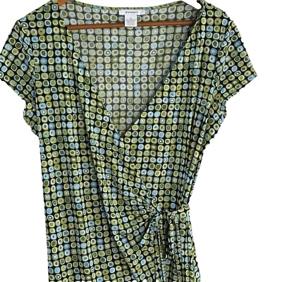 Wrap Dress WMs 16 Green Blue Polka Dot V-Neck Cap Sleeve Stretch Geometric Retro - Image 1 of 4
