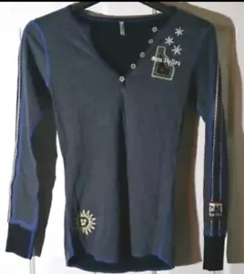 Top Alp N Rock Sun Valley Henley taglia M Nuovo con etichette Idaho con perline e toppe nero erica - Foto 1 di 3