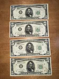 Federal Reserve Note 4 Bill Set 1950 $5 Boston,NY, San Francisco, St. Louis, - Picture 1 of 20