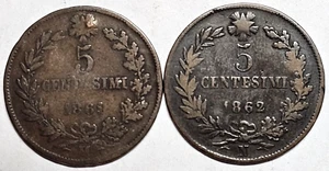 Italy 1861M 1862N Five Centesimi Victor Emmanuel II KM #3 G-F Free Shipping - Picture 1 of 2