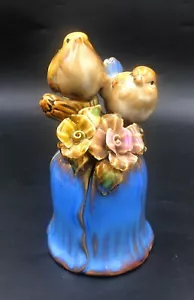 Majolica Style Ceramic Pottery Bluebell With Birds Vintage 14cm Ornament Signed - Picture 1 of 7