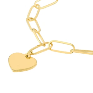 Engravable 14K Yellow Gold Paperclip Personalized Heart Charm Bracelet 7.5" - Picture 1 of 6