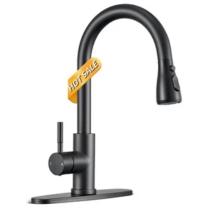 Black Kitchen Faucet with Pull Down Spray Stainless Steel Sink Mixer Tap w/Plate - Picture 1 of 16