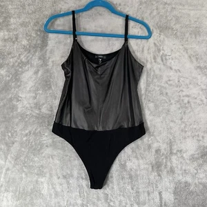 Aqua Tank Bodysuit Womens Large Black Faux Leather Snap Thong Office Goth Sexy - Picture 1 of 15