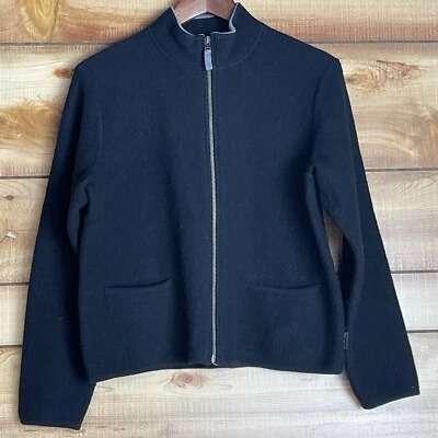 Chaqueta Suéter Woolrich 100% Lana Para Mujer Mediana Cremallera Completa Bolsillos Cuello Simulado Negra Foto 1 de 4