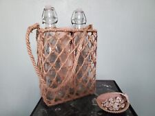 2 Clear Glass Bottles In Jute Rope and Metal Basket Carrier Holder. D-268