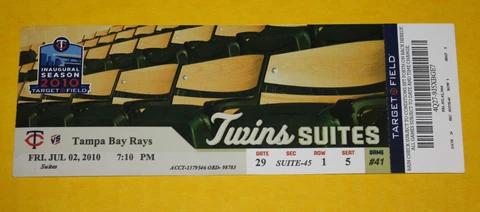 Minnesota Twins Ticket Stub | July 2 2010 | Carl Crawford Evan Longoria Hit Cover
