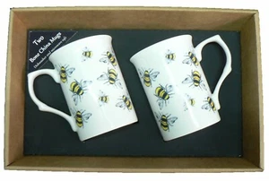 Taza de abejas juego de regalo 2 x tazas de porcelana de hueso con abejorros estampado en caja de regalo - Imagen 1 de 1