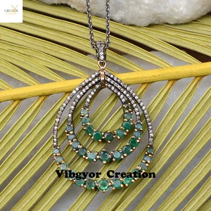 Emerald Gemstone Diamond Pendant 925 Sterling Silver 16" Link Chain Drop Pendant - Picture 1 of 5