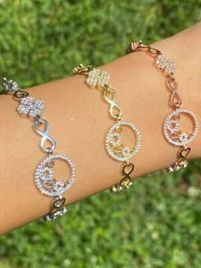 Real 925 Silver Yellow Rose Gold Plating Infinity Four Leaf Clover CZ Bracelet - Picture 1 of 12