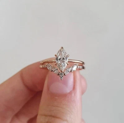 Juego de anillos de boda nupciales de oro rosa de 14 quilates con diamantes creados en laboratorio de corte marquesa de 1,75 quilates FN Foto 1 de 4