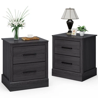 2 PCS 2 Drawer Nightstand Bedside Table Compact Sofa End Table Dark Grey Oak - Image 1 of 4