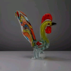 5.5 In Hand Blown Art Glass Chicken Rooster Figurine Blue Red - Picture 1 of 7