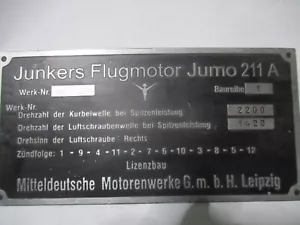 Placa id-plate placa s85 Junkers Jumo 211A mmw - Imagen 1 de 1