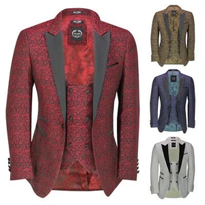 Men’s Floral Jacquard Print Tuxedo Jacket Smart Tailored Fit Blazer & Waistcoat - Picture 1 of 27
