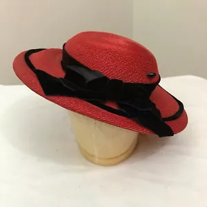 Vintage 1950s Famous-Barr Red Straw Wide Brim Hat with Black Velvet Piping & Bow - Picture 1 of 5