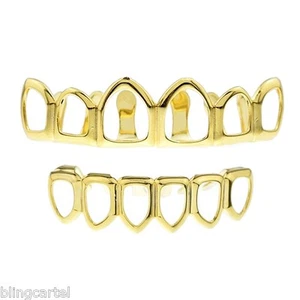 14k Gold Plated Open Face Grillz Six Tooth Top & Bottom Teeth Hip Hop Grills Set - Picture 1 of 6