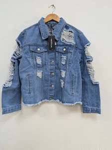 Pretty Little Thing Plus oversized Distressed Denim Jacket - Picture 1 of 4