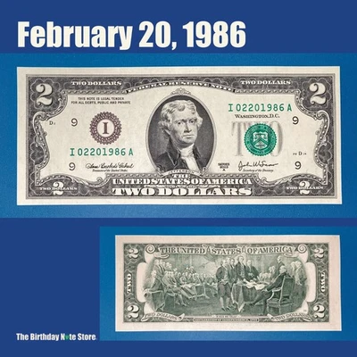 February 20, 1986 Birthday Anniversary $2 Two Dollar Bill Serial Number 02201986 - Image 1 of 2