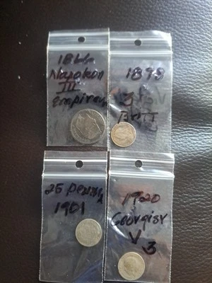 Lote Monedas Mundiales 1866,98,1901,20, Circuladas, Estado Excelente, Plata, Bronce. Foto 1 de 2