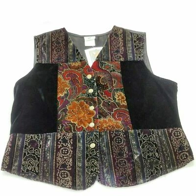 Women's Black Vest Velvet Red & Gold Floral Embroidered Sleeveless Top V Neck - Image 1 of 4
