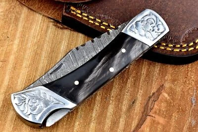 SHARD CUSTOM HAND FORGED DAMASCUS Steel Lockback Folding Pocket Knife W/Sheath - Image 1 of 4
