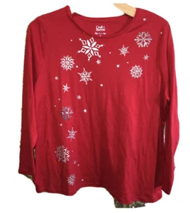 Croft & Barrow 1X NWT The Classic Cotton Shirt $Metallic Snowflake Red Christmas - Picture 1 of 7