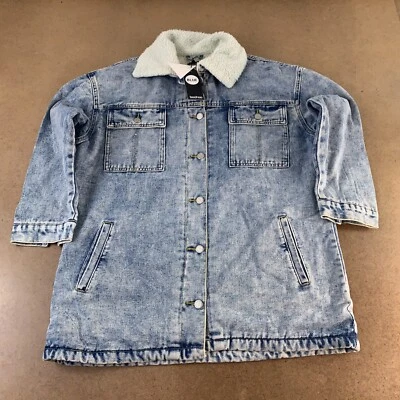 Boohoo Blue Women's US Size 4 Oversized Acid Wash Fleece Lined Denim Jacket NWT - Image 1 of 4