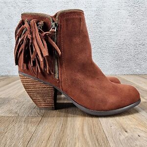 Not Rated Women's 10 Rust Red Orange Suede Fringe Block Heel Zip Up Ankle Boots