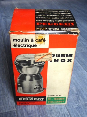 Ancienne boîte emballage moulin à café électrique Peugeot Rubis Inox 1960 - Photo 1/4