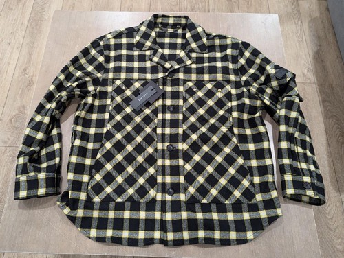 $1850 Giacca Camicia Uomo VERSACE Tartan Plaid Flanella Nero Oro 48 US Medium