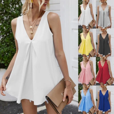 Womens V Neck Vest Tops Ladies Sleeveless Blouse Summer Cami T-Shirt Plus Size - Image 1 of 4