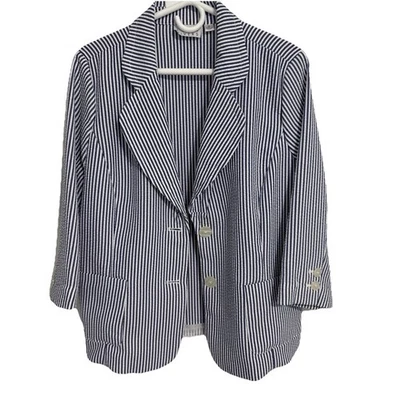 Chaqueta Blazer Joan Rivers Azul Marino Blanco Rayas Seersucker Mangas 3/4 Mujer 14 Foto 1 de 4
